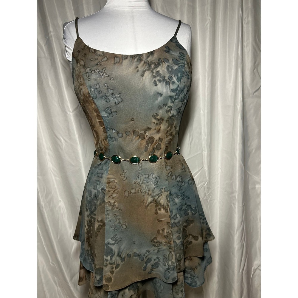 Vintage Rampage Blue Brown Abstract Print Tiered Ruffle Mini Dress 90s Y2K - Picture 2 of 6